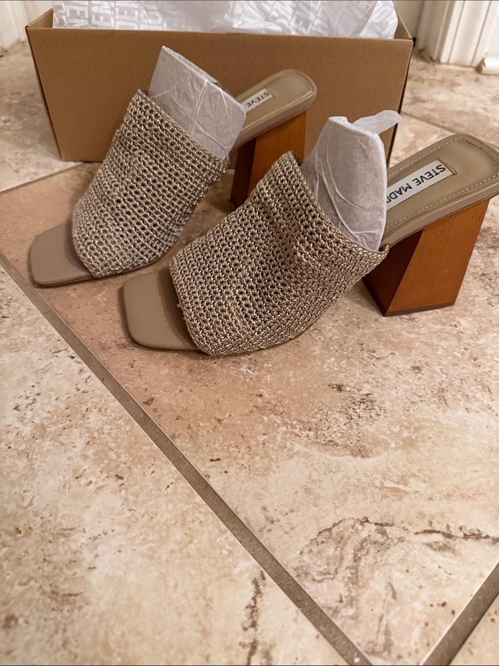 Steve Madden Neutral Woven Slip-On Mules with Wood Block Heel